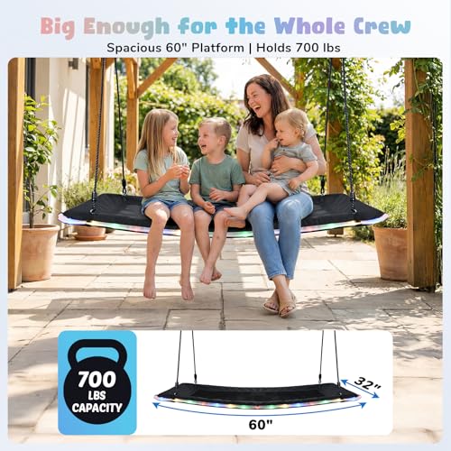 Image of Trekassy 60 inch Platform Tree Swing with LED Light, Large Outdoor Skycurve Swing for Kids and Adults, Waterproof 900D Oxford Fabric, 9.8 FT Hanging Straps