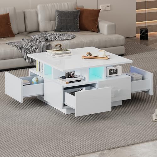 Kebnor Mesa de té para salón, mesa de café brillante, mesa de café con luz LED, sofá con 4 cajones, mesa auxiliar con diseño geométrico, capacidad de carga total 30 kg, 70 x 70 x 40 cm (blanco)