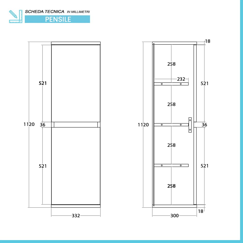 Pensile bagno sospeso 112 cm rovere africa con 2 ante reversibili soft-close e ripiani interni fissi, KLEO