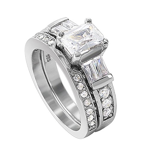 Gem Avenue Cubic Zirconia with CZ Accents Sterling Silver Wedding Ring Size 9 Engagement Band Set
