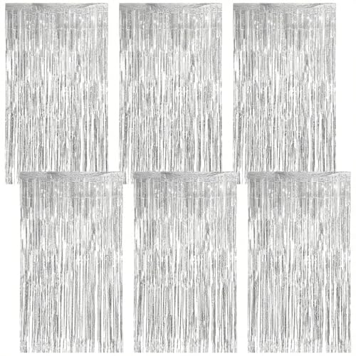 6 Stück Silberner Lametta Vorhang, Glitzervorhang Lametta 1m x 2m, Glitzer Party Vorhang, Glitzer Tinsel Curtain für Party Deko Geburtstagsdeko Hochzeit Festivals Bühnendekor Weihnachten Party Deko