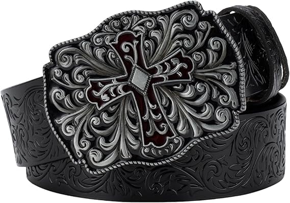 Punk Rock Leather Belt for Unisex Cross Embossed Metal Buckle Adjustable Genuine Leather Belt for Jeans Streetwear