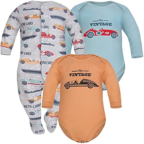 Sibinulo Baby Girls Baby Boys Romper + 2xBody Long Sleeves, Age 12-18 Months 100% Eco Cotton, Set Palm Trees & Cars Honey & Ice Blue, Prod EU, Size 86 Cover