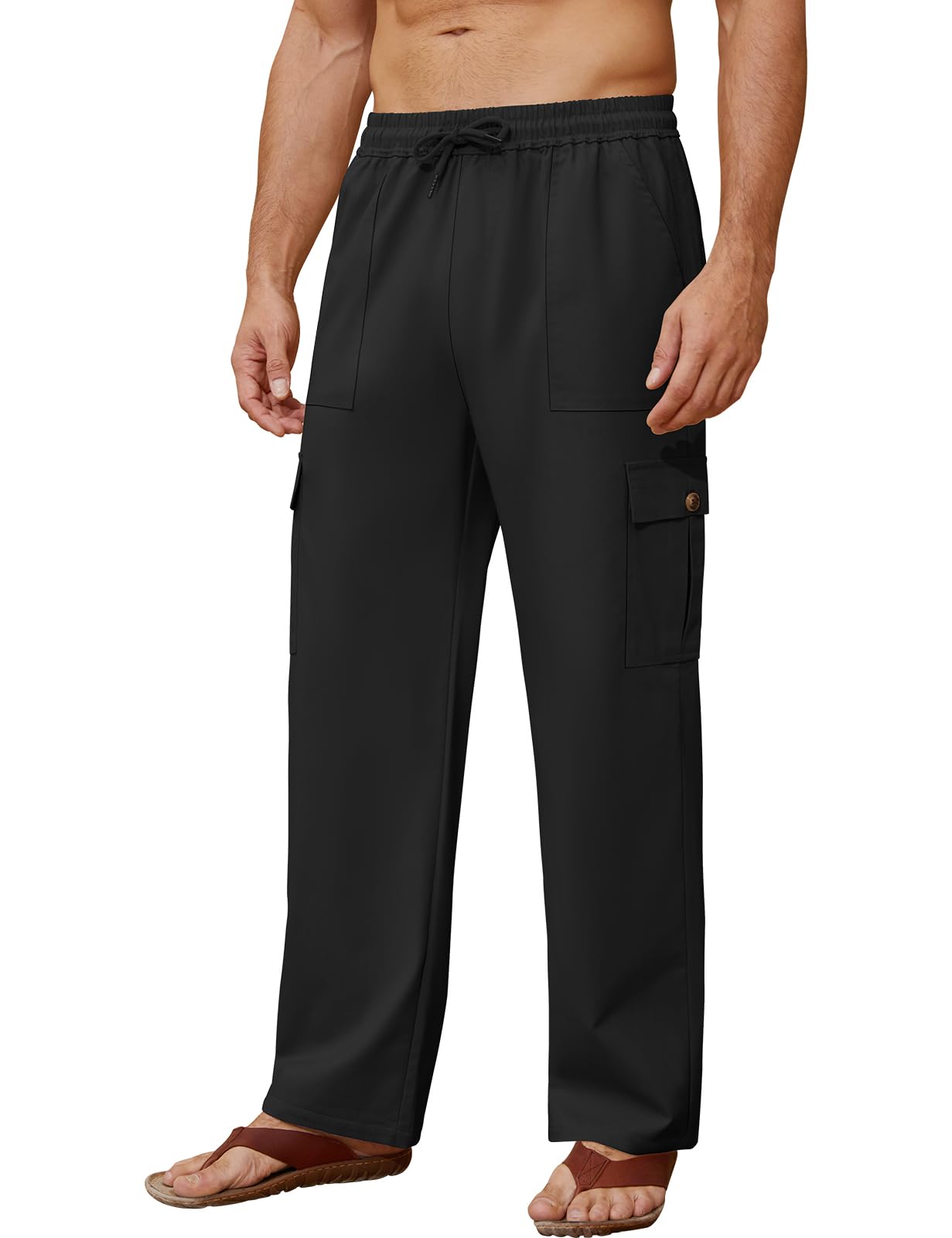 Voqeen Pantaloni Lino Uomo Estivi Pantalaccio Uomo Estivo Casual Pantaloni Elasticizzati in Vita con Tasche Cargo Pantalone di Lino Leggeri da Spiaggia Larghi