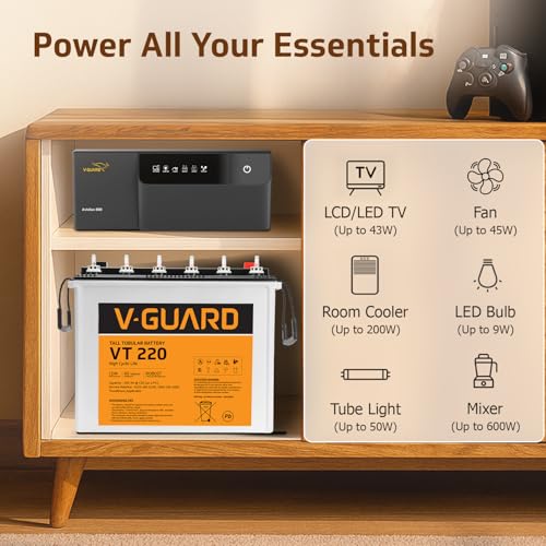 Image of V-Guard Inverter & Battery Combo (Aviolux 800 Inverter, VT 220 (205 Ah Tall Tubular Battery)) for Home, Office & Shops