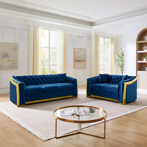 Image of KEIKI 2-Piece Luxury Chesterfield Sofa Set with 1 Velvet 3-Seater Sofa & 1 Loveseat Sofa, Italian 5-Seater Couch Set with 4 Pillow, Gold Stainless Decoration and Rolled Arms, for Living Room, Navy