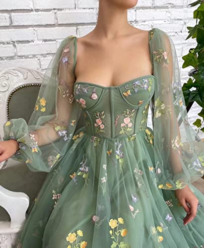 UZN Long Puffy Sleeves Prom Dresses Tea Length Flower Embroidery Tulle Sweetheart Formal Party Evening Gowns3