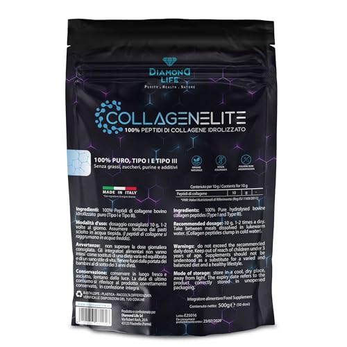 Diamond Life CollagenElite - Péptidos de colágeno hidrolizado puro | Tipo I & III | Suplemento natural para piel, cabello, uñas, huesos y articulaciones | 500 g en polvo | sin azúcar ni aditivos