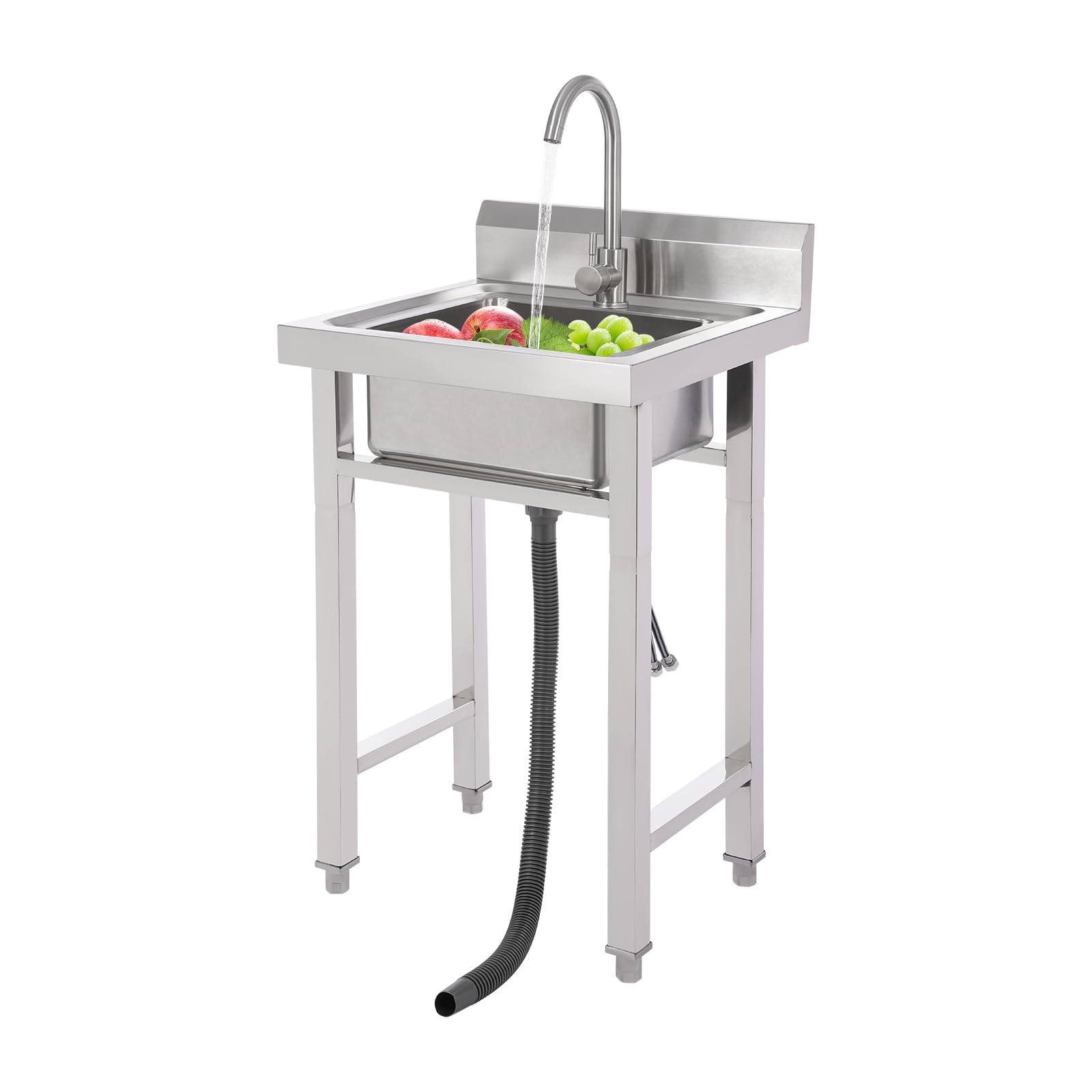 Évier Commercial Inox, Plonge Professionnel Autoportant, Grand Bac Profond 35cm, Évier Cuisine sur Pied Inox 201 avec Robinet 360° et Panier Filtre, pour Restaurant Food Truck Jardin Garage 50x50x93cm