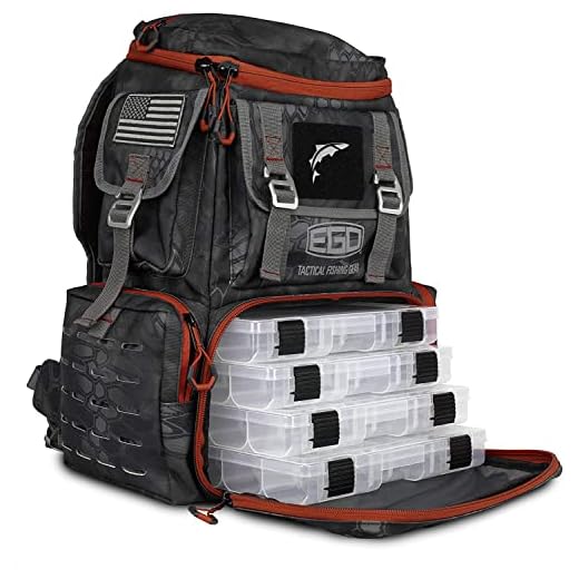 EGO Kryptek Tackle Box, Fishing Pack with 4 Accessory Trays, Water Resistant PVC, Multiple Storage Pockets, Tool Bag, G-Hook Closure System
