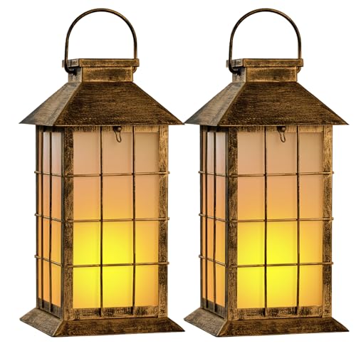 2 Pack Solar Lantern with Flickering Flame Candle, 13" Outdoor Wa...