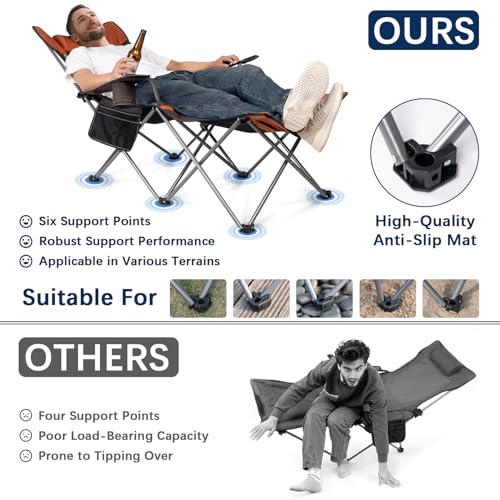 Image of apollo walker Reclining Beach Chair, Adjustable 90-135 Backrest Camping Lounge Chairs for Adults, Folding Chair with Foot Rest & Detachable Pillow - Standard 6-Leg, Orange