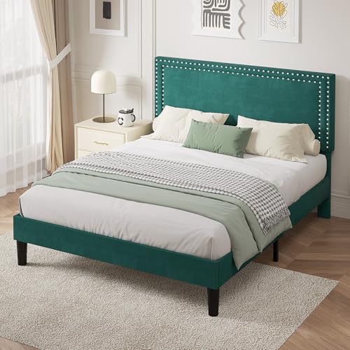 Image of VECELO Full Size Platform Bed Frame with Height Adjustable Upholstered Headboard, Modern Mattress Foundation,Strong Wood Slat Support, No Box Spring Needed, Easy Assembly,Dark Green