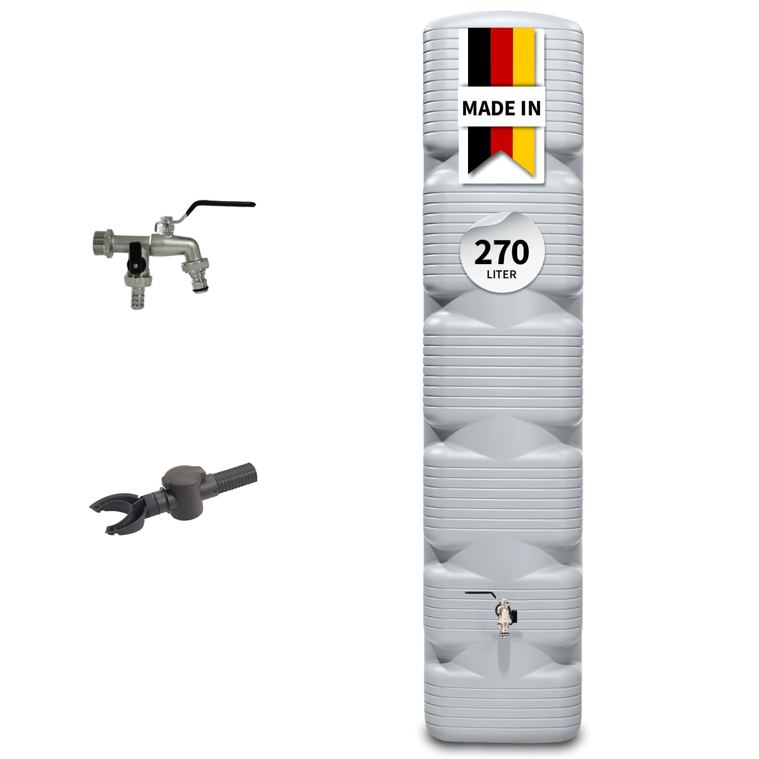 4rain Quadro Regentonne Wandtank Komplett-Set 270 Liter betongrau | inkl. Chrom-Doppelauslaufhahn und Fallrohranschluss, Regenwassernutzung, robustes Material, praktische Lösung