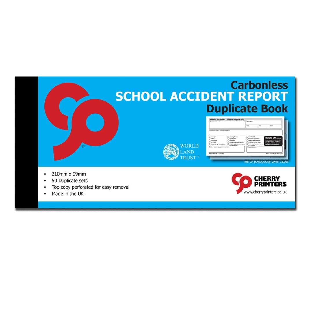 Cherry Printers Carbonless School Accident Report Duplicate Book GDPR | 99mm x 210mm | 50 Duplicate Sets | Both Copies Perforated | Ideal for Schools, Nurseries & Childcare Providers **20 Pack**