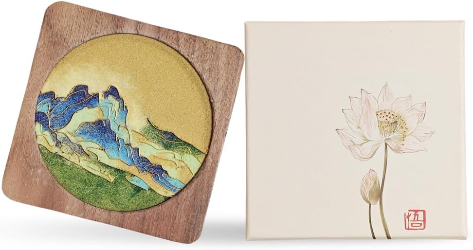 Handmade Chinese Cloisonné Drink Coaster - Artisan Wood Square with Circle Design, Chinese Decor Gift Box (4"x4") Rivers and Mountains