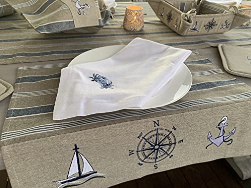 Nautical Placemats – Set Of 4 –– Cotton Decorative Embroidered Design - Natural, Navy Blue And White (Boat, Compass, Anchor) #TOP2