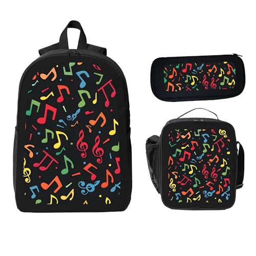 Colorful Abstract Music Notes 3 Pcs 17 Inches Backpack Set with Insulated Lunch Bag And Pencil Pouch Large Back Pack for Men Women Lunchbox Pencil Case Waterproof Backpacks Lunch Box 3 Piece Daypacks2