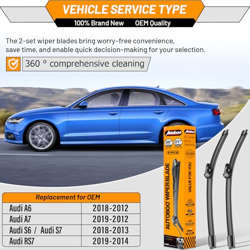 Image of AUTOBOO Windshield Wiper Blade Replacement for Audi A6 A7 S6 S7 RS7 | Fits Audi A6 A7 S6 S7 RS7 2012-2018, 26 inch+21 inch, 2-pack, OEM quality, all-season performance, easy install