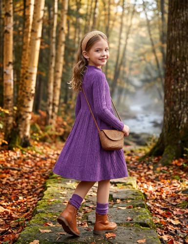 Image of Arshiner Girls Dresses Long Sleeve A Line Knit Sweater Dress with Pockets