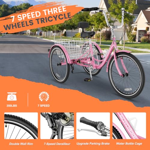 Image of Adult Tricycle, 7 Speed Adult Trike, 20 /24 /26 inch 3 Wheel Bike with Basket | Low Step-Through Frame, Wide Seat with Backrest, 350 lbs Capacity, Tricycle for Adults, Seniors, Women and Men