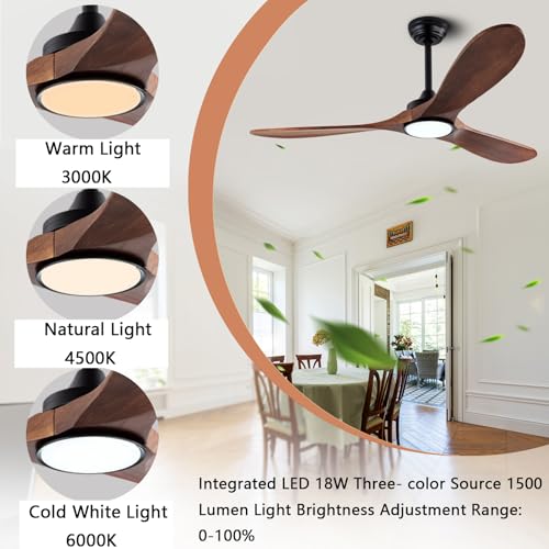 Image of QUTWOB 52 inch 3-Blade Wood Ceiling Fan with Light & Remote, Indoor Outdoor | solid wood blades, quiet dc inverter motor, 6-speed reversible remote, 3-color led light, for indoor outdoor patio garage