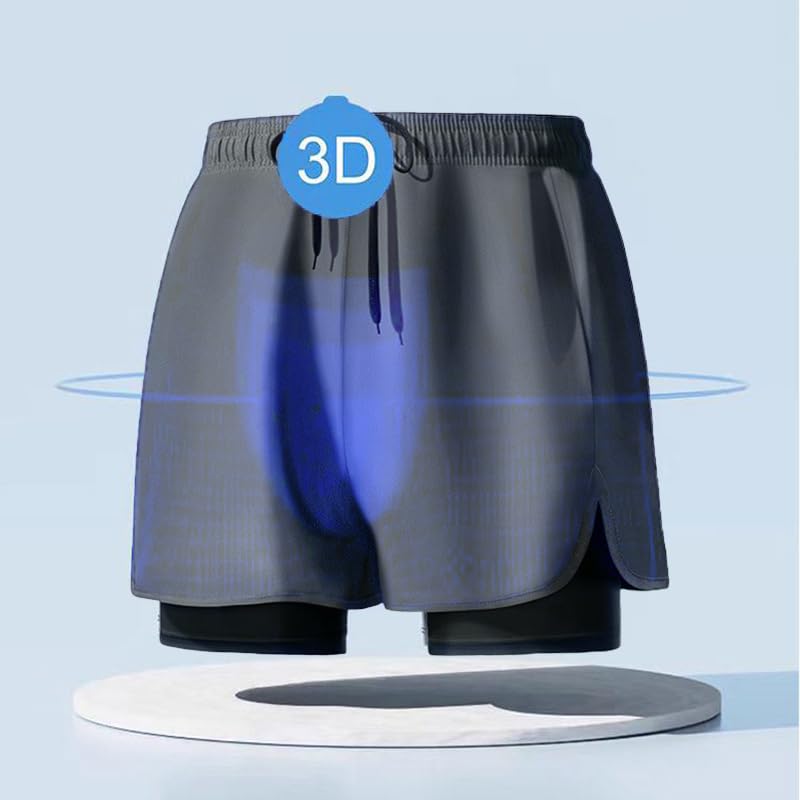 Double Layer Men's Swim Trunks，Running Sports Fitness Beach Trunks，GreyM2