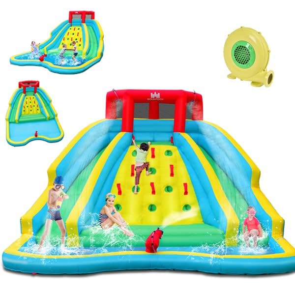COSTWAY Château Gonflable avec Souffleur 680W & Toboggan Aquatique, Aire de Jeux Gonflable avec Canon à