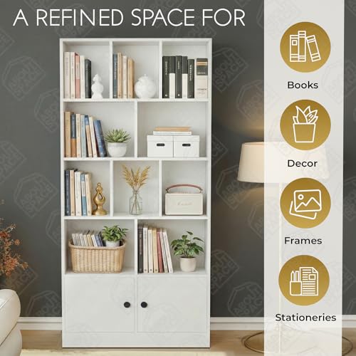 Image of ABOUT SPACE Tall Book Shelf for Home - 10 Shelves with Bottom Closed Compartment Engineered Wood Book Rack for Study Room Book Organizer Stand for Library, Living Room(L80 x B30.5 x H181.5cm -White)