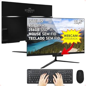 Computador Completo All In One Preto Intel Core i5 21,5" 8GB SSD 240GB Webcam Wi-Fi Teclado e Mouse Sem Fio Strong Tech