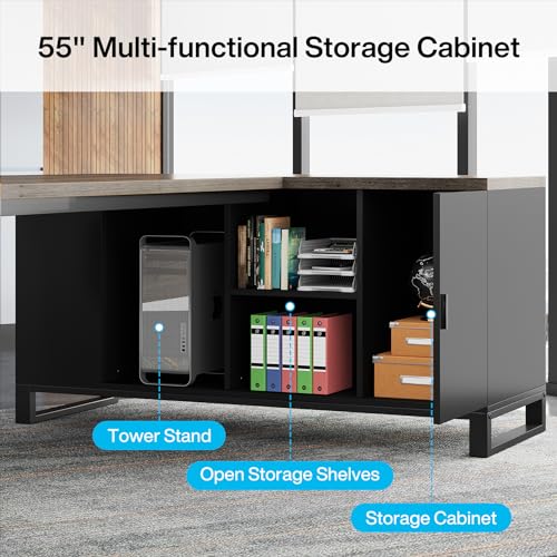 Image of Tribesigns 70.8 inch Executive Desk with 55 inch File Cabinet, Industrial L Shaped Computer Desk with Storage Shelves and Cabinet, Large L Shaped Executive Desk for Home Office, Retro Gray & Black