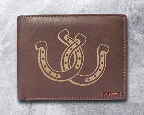 Horseshoe Horses Laser Engraved Engraving Slimfold Genuine Leather Bifold Stylish Minimalist RFID Wallet for Men (Brown) - Image 3