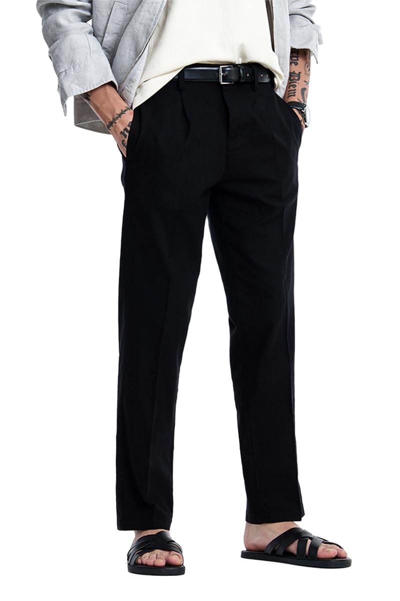 Men Casual Trousers | Relaxed Fit Plain Front Straight Leg | Breathable Cotton Linen Blend Fabric for Summer Comfort & Everyday Smart Wear-image-45