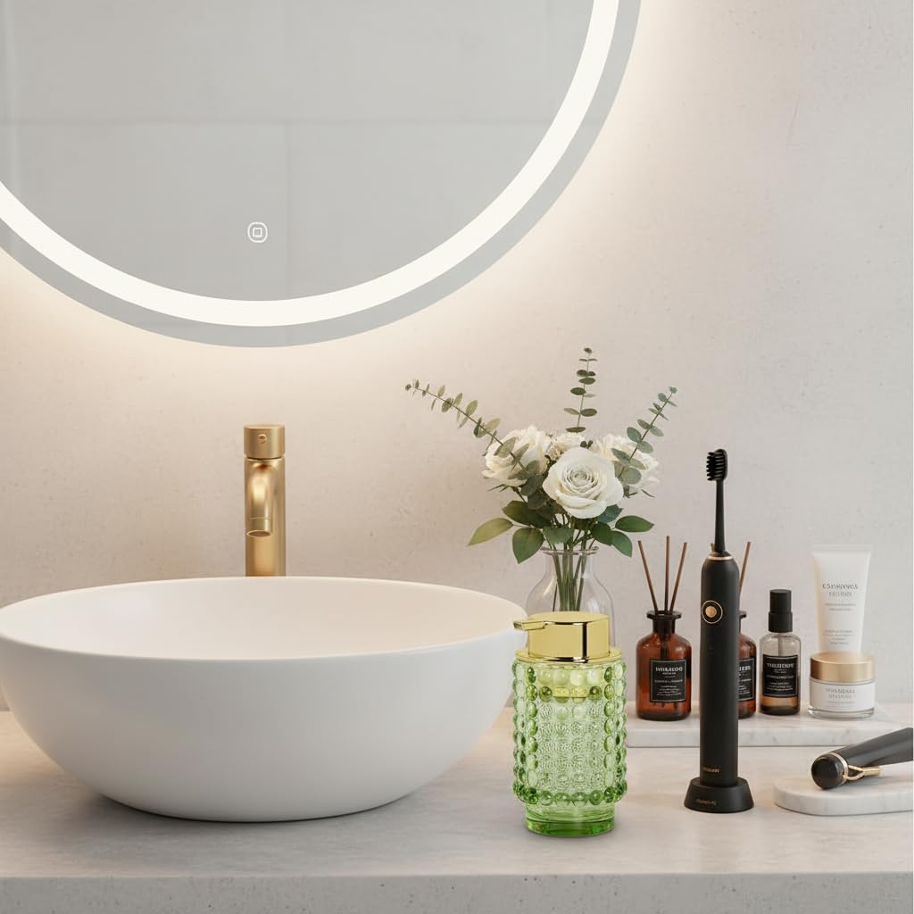 Schaumseifenspender aus Glas, grüner Schaum-Handseifenspender, 340 ml, große Flasche mit goldfarbener Pumpe, nachfüllbarer Lotion-Pumpbehälter für Badezimmer, Küche, Handseife, Spülseife