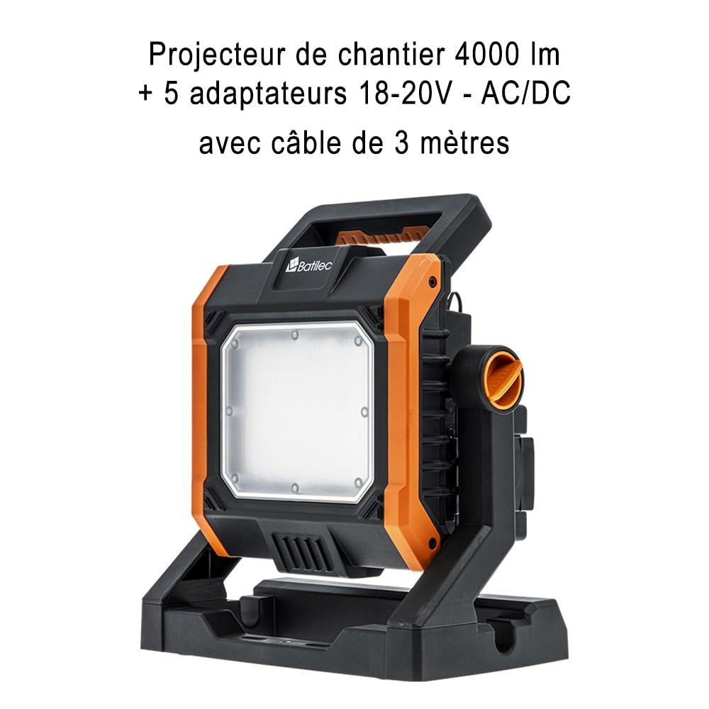 BATILEC - Projecteur De Chantier 4000 Lm - 5 Adaptateurs 18-20V
