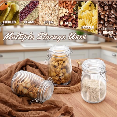 Image of 32 oz Glass Mason Jars with Airtight Lid 6 Pack, Wide Mouth Striped Canning Jars with Clip Top Lids for Kitchen Storage Pickling Snack, Nut, Candy, Salad Jams Coffee Beans