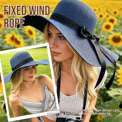 Womens Wide Brim Straw Sun Hat UPF 50+ UV Protection Foldable Summer Beach Travel Hat Blue — view 3