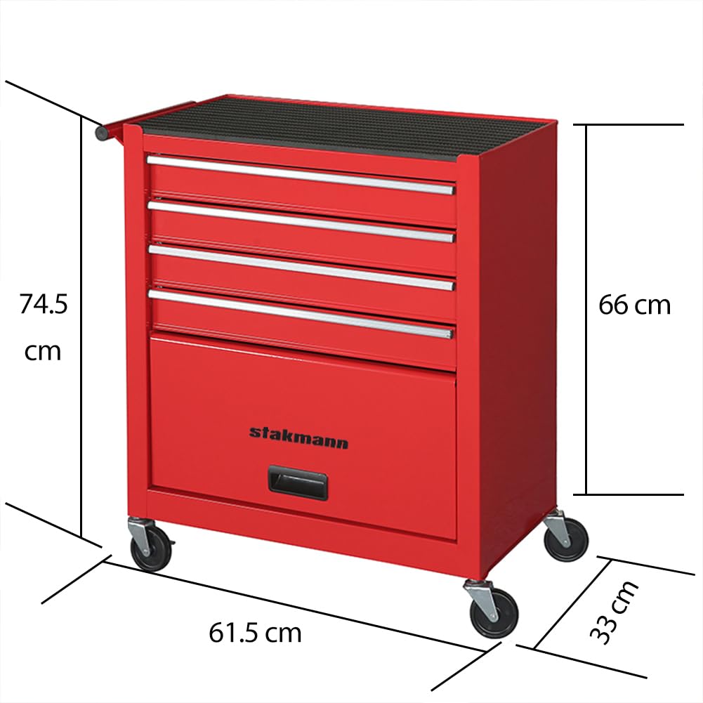 Carrello Portautensili con 4 Cassetti in Acciaio, Carrellino per Attrezzi Multiuso, Armadietto per Strumenti di Lavoro con Ruote Piroettanti, Ideale per Officine, Garage, Fai da Te (Rosso)