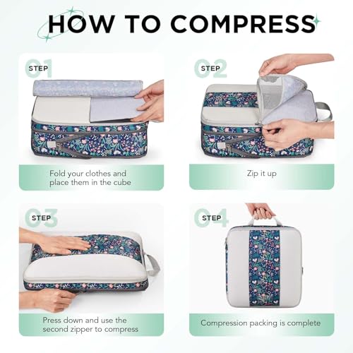 Image of 6 Set Compression Packing Cubes for Travel Essentials,Compressible Expandable Packing Cubes for Suitcase,OlarHike Luggage Organizer Bags for Travel(Dark Blue Floral)