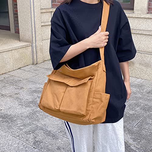 Image of LassZone Canvas Messenger Bag Large Crossbody Bag Hobo Shoulder Handbags Multi Pocket Denim Tote Bag for Women or Men