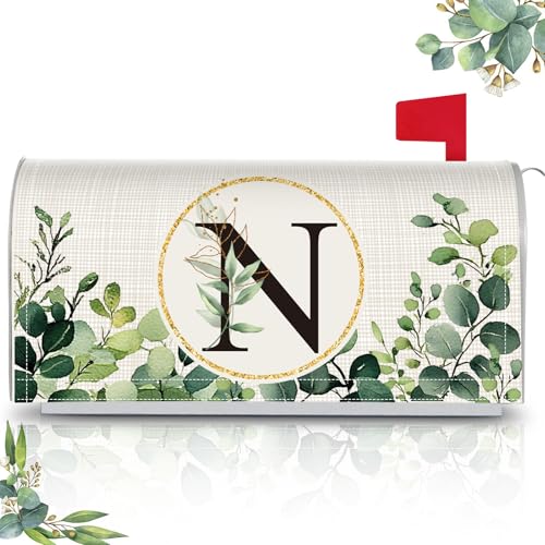 Image of Tiamon Monogrammed N Mailbox Covers Magnetic Eucalyptus Welcome Letter Box Wrap Standard Size 21x18 Inch Spring Summer Leaves Mailbox Decor Eucalyptus Letter Numbers Decoration for Outdoor Garden Yard
