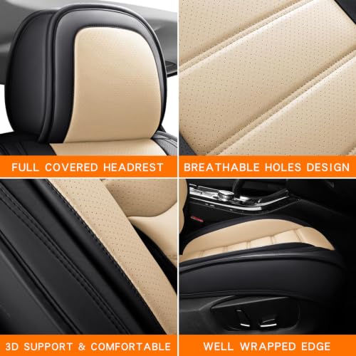 Image of MINGBRON Car Seat Covers Full Set, Brown Car Seat Cover Lumbar Support, Car Seat Protector Waterproof, Nappa Leather Car Seat Cushion, Front Seats and Back Fit for Most Cars Beige