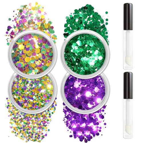 Allstarry Mardi Gras Face Glitter 4 Colors Chunky Body Glitters Purple Green Gold Face Glitter Eyeshadow Makeup Hair and Eye Glitter Mardi Gras Accessories for Women Mask Balls Street Parties