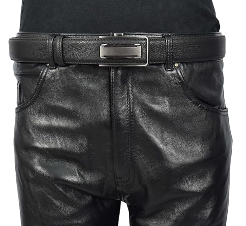 Mens Real Leather Adjustable Ratchet Automatic Casual Buckle Belt For Dress Pant Jeans Luton, Black, Length 97 cm, 32"-34" Waist Adjustable4