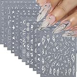 YUBBYSTU Blanc Fleurs Etoile Lune Argentée Stickers Ongles Nail Art 12 Feuilles Autocollants Ongles Autoadhésif Deco Ongle Nail Art Design Manucure