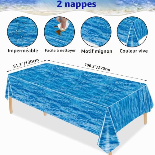 Hegbolke Lot de irisées à Motif Vagues de l'océan – Housses de Table rectangulaires Bleu océan pour océan, Plage, Piscine, sirène, Requin, décoration de fête d'anniversaire (2, blu, 130 x 270 cm) – vue 2
