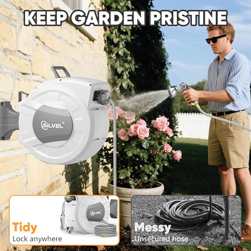 Image of SILVEL 1 /2 in x 130 FT Retractable Garden Hose Reel, Upgraded UV Resistant Heavy Duty Automatic Hose Reel Wall Mount with 10 Pattern Nozzle, Any Length Lock & Slow Return System, 180Swivel Bracket