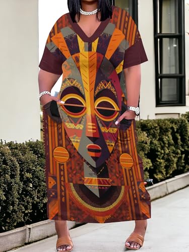 Image of Plus Size Maxi Dress for Women Short Sleeve V Neck Casual Loose Sundress with Pockets