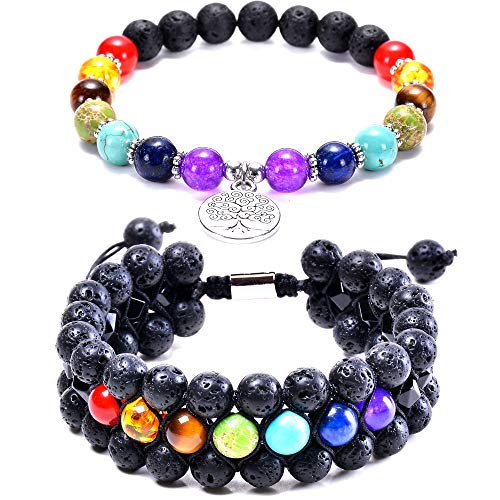 8mm Lava Rock Bracelet Adjustable Bracelet Bead Chakra Bracelet 7 Chakras Healing Bracelet .Yoga Stone Beads Bracelets Meditation Relax Anxiety Bangle for Womens Mens (1layer +3layer 7 Chakra)