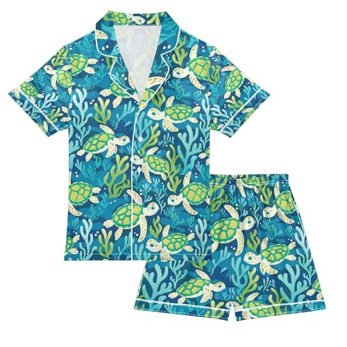 senya Seaweed Turtles Satin Summer Pajama Sets Silk Short Sleeve Button Down Sleepwear